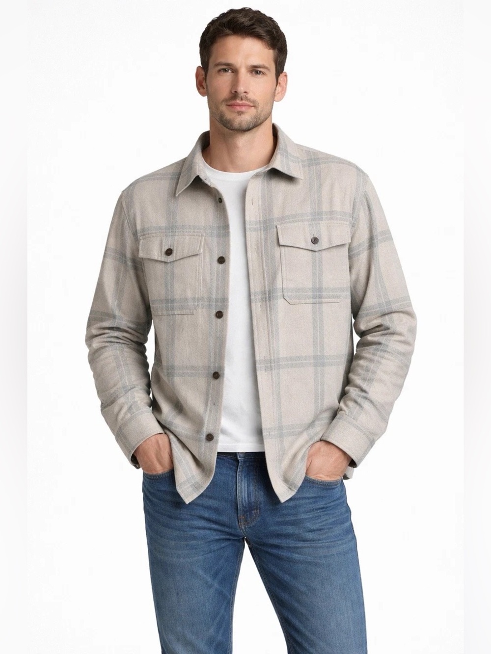Express Wool Casual Button down shirt jacket men plaid cream beige grey